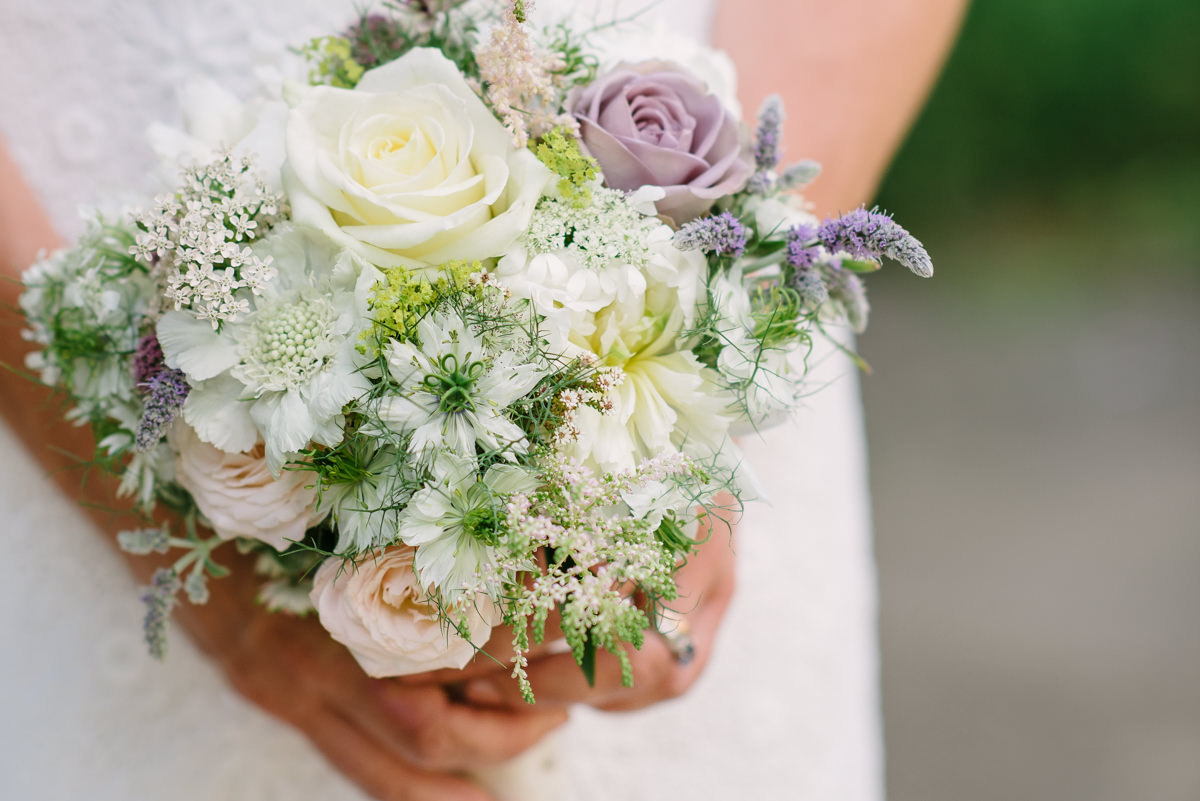 White and lila flower bouquet by Bramble and Moss